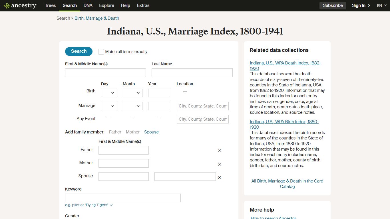 Indiana, U.S., Marriage Index, 1800-1941 - Ancestry.com