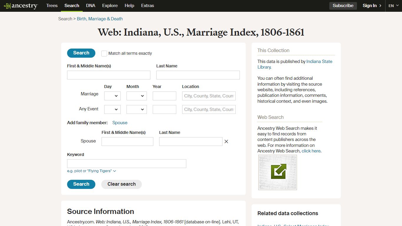 Web: Indiana, U.S., Marriage Index, 1806-1861 - Ancestry